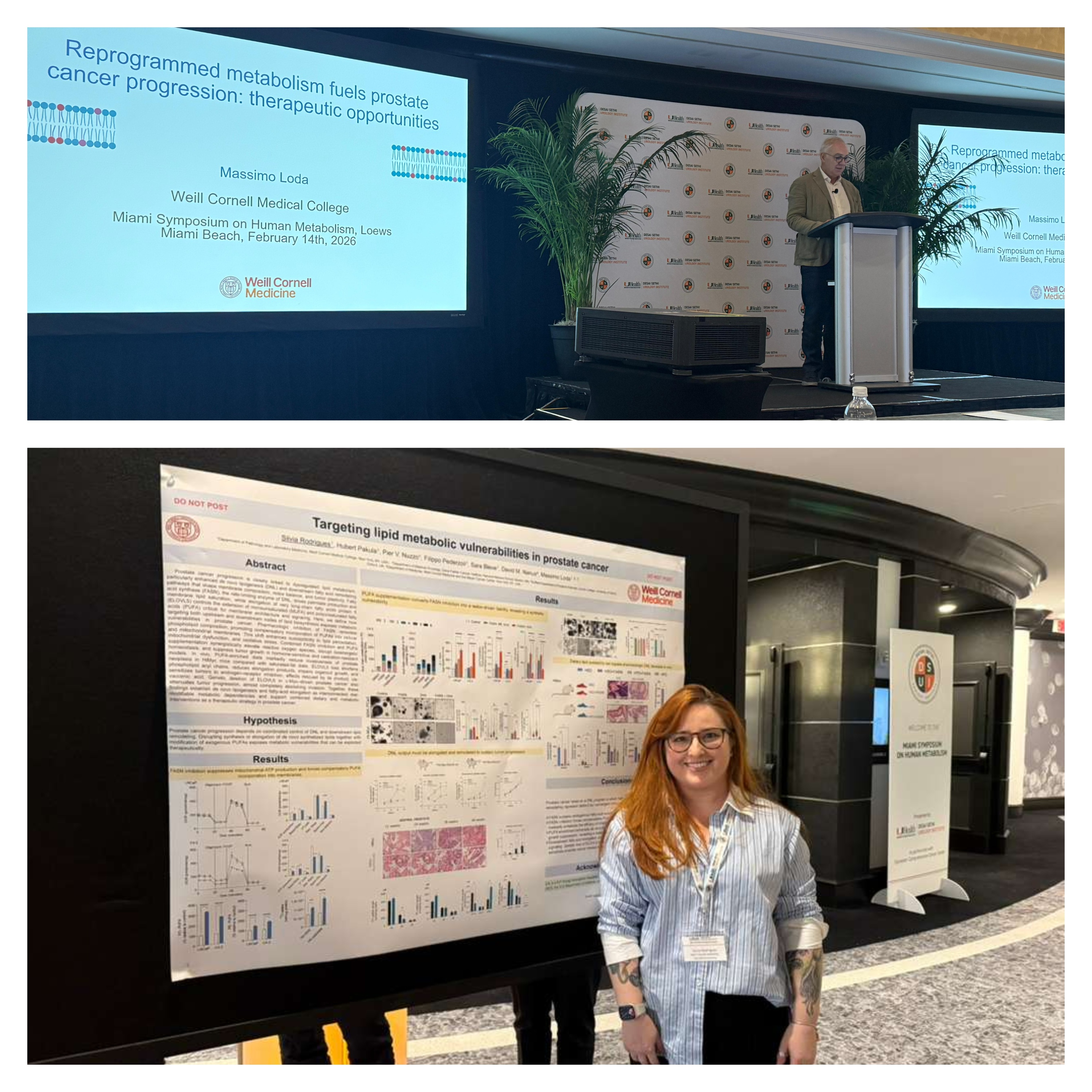 Two images combined as a photo collage showing researchers presenting their work at a scientific meeting